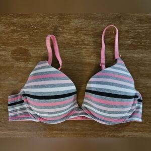 Victoria's Secret Pink and Gray Striped Bra Cotton Lingerie 36B Push Up Bra VS